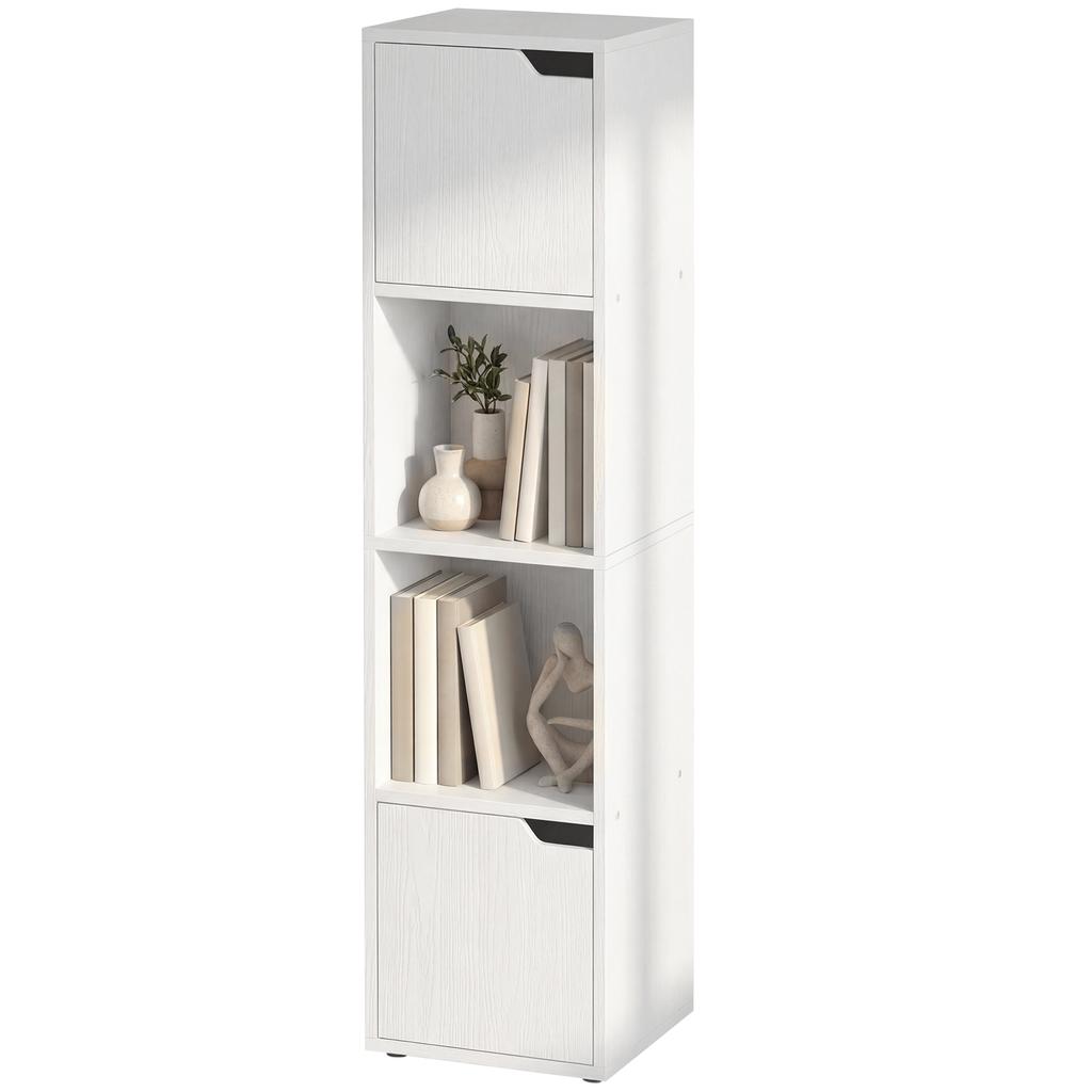 Narrow Bookcase 4 Tier Bookshelf Storage Cabinet With Doors For Living Room Bedroom White