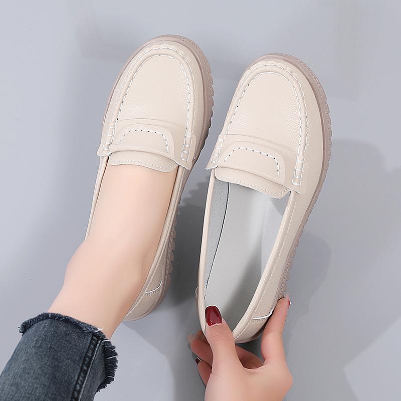 Fashion Women's Shoes Low Heel Breathable Leather Casual Single Shoes Large Size Soft Low Walking Work Mom Shoes
