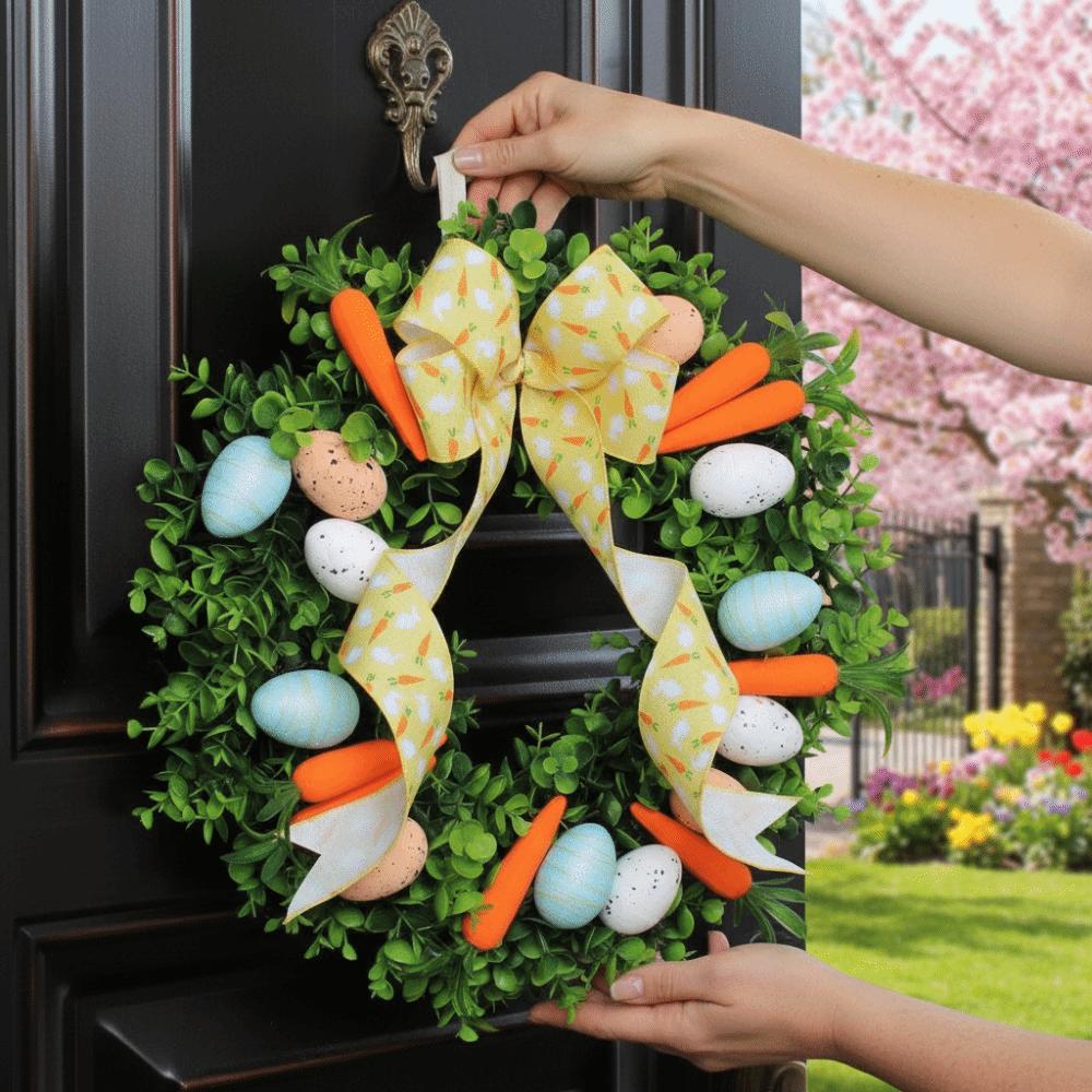 Colorful Eggs Easter Wreath Carrots Design Handmade Front Gate Wreath Vibrant Colors Decorative Artificial Flower Wreath