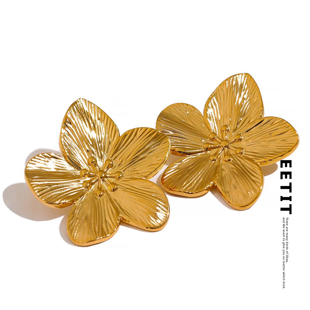 Eetit Tarnish Free Vintage Gold Color Stainless Steel Flower Metal Stud Earrings for Women Individual Stylish Trendy Jewelry