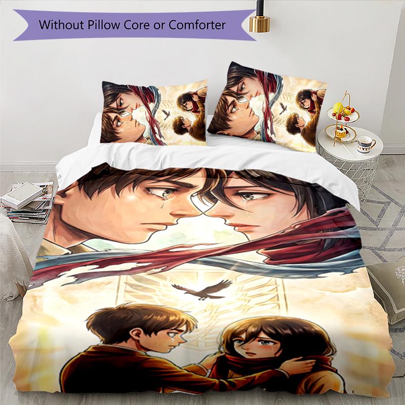 Eren & Mikasa 3pcs Bedding Set Duvet Cover Closure Includes 1 Duvet Cover & 2 Pillowcases for All Seasons Bedroom Home Dorm Decor