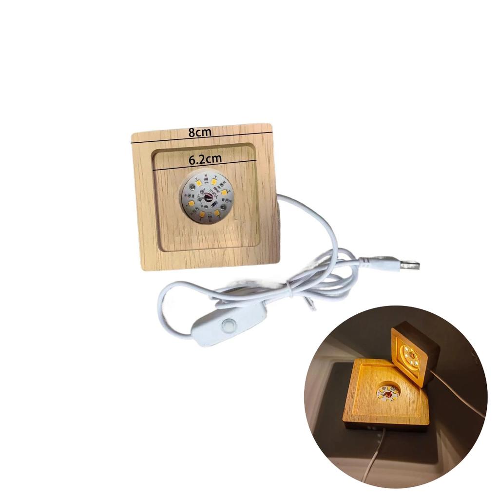 8cm Battery Operated Round Wooden WarmLight Dispaly Base Stand Holder Able LED Night Lamp Base Crystal Glass Resin Art Ornaments