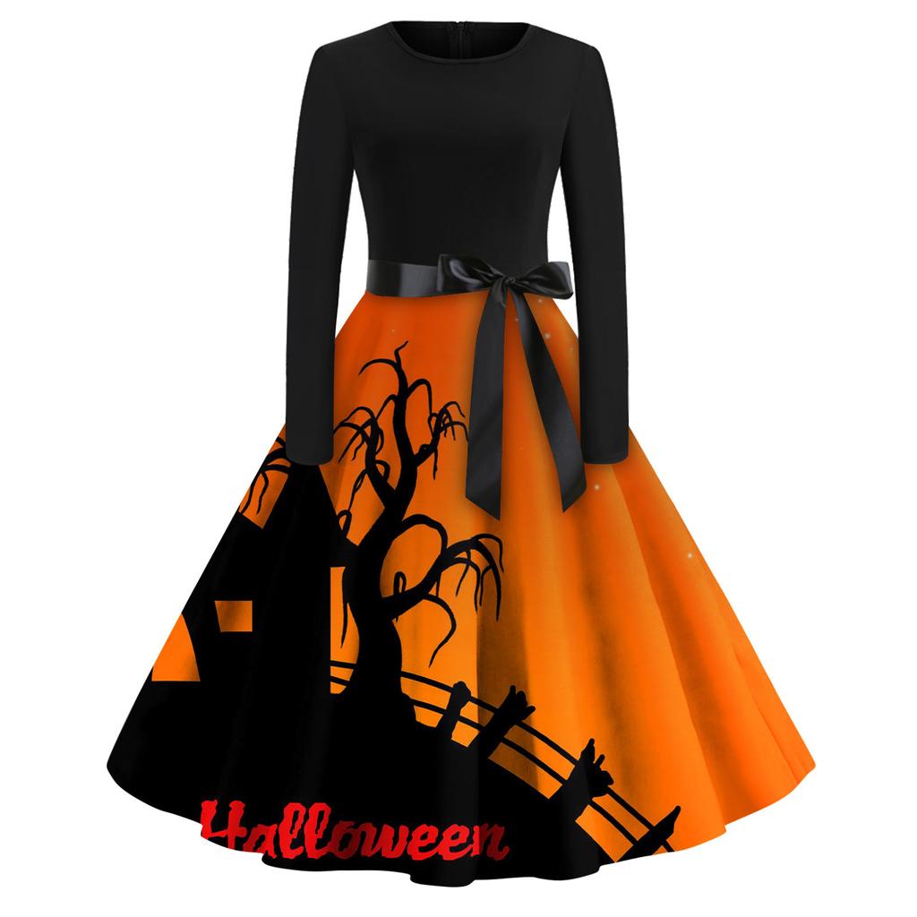 Women's Fashion Round Neck Casual Slim Fit Halloween Printed Long Sleeve Dress