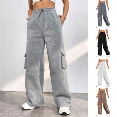 Женские брюки карго эластичные с высокой посадкой, регулируемой кулиской, длинные брюки с множеством карманов, дизайн с широкими штанинами, однотонные повседневные брюки