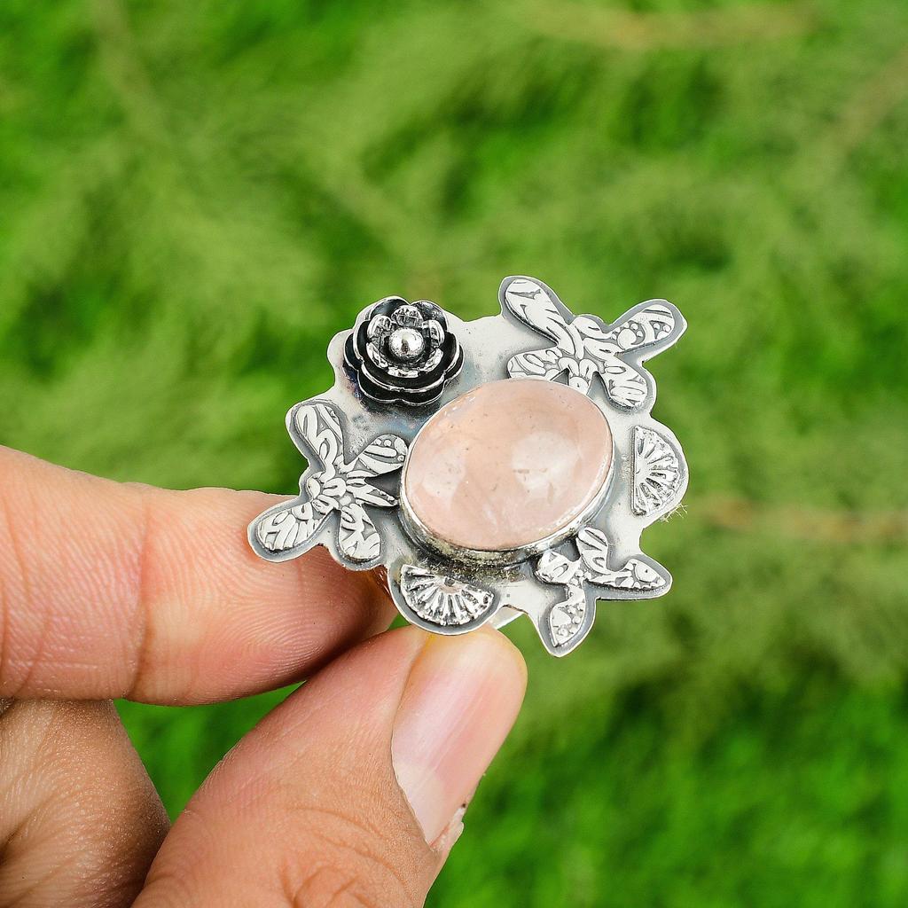 Gift For Her 925 Silver Natural Rose Quartz Stackable Flower Adjustable Ring