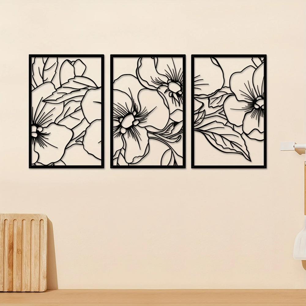 3-Piece Pear Flower Metal Wall Art Set - Black Square Modern Sculptures | Stylish Home Decor for Office, Kitchen, and Bathroom