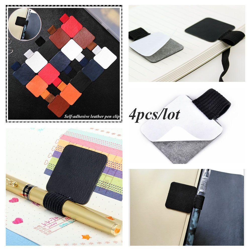 4PCS Useful Stationery Portable Leather Pen Clips Self-adhesive Pen Holder Elastic Loop Notebook