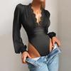 2021 Autumn Women's Solid Color Deep V-Neck Lace Slim Bodysuit