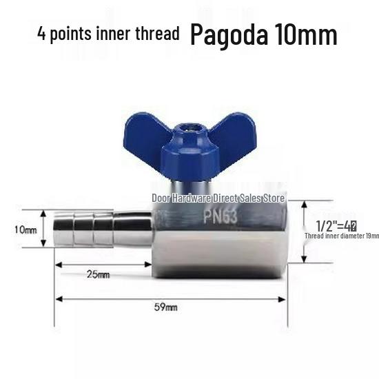 304 Stainless Steel Mini Ball Valve with Butterfly Handle, Internal/External Threads, High Pressure, 4-Way Pagoda Tube Connector.