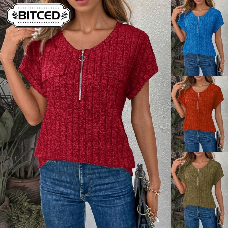 BITCED Женские модные повседневные однотонные блузки и рубашки с короткими рукавами и круглым вырезом с принтом