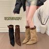 Suding Home! Spice Girls Fashionable Leopard Print Pointed Toe Wedge Trouser Tube Boots Women's Autumn Removable Belt Buckle Mid-tube Boots Trend