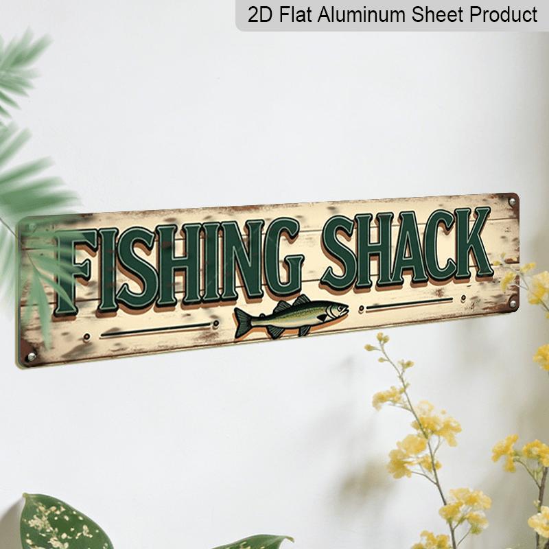 15.7×3.94inch Rustic Fishing Shack Metal Sign, Aluminum Decorative Sign, Rustic Wall Decor with Distressed Lettering & Orange Stripes, No Electricity