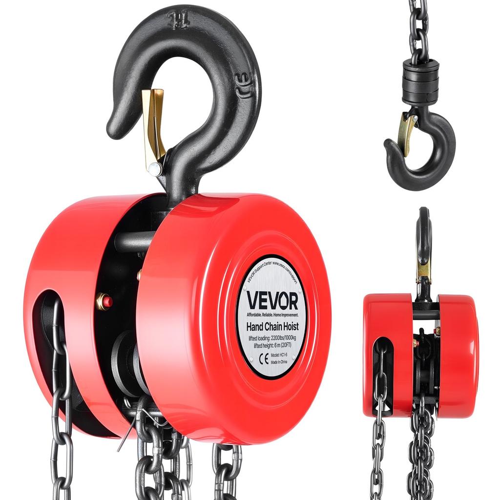 Hand Chain Hoist, 1 Ton Capacity, Manual Chain Block with Upgrade G70 Galvanized Chain, 6 m Lifting Height, Heavy Duty Pulley Hoist for Garage