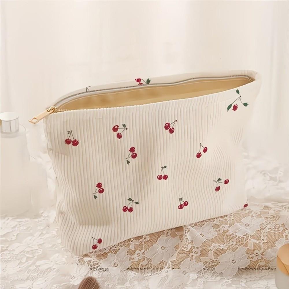 Pink Bow Corduroy Makeup Bag Cherry Corduroy Cosmetic Pouch Makeup Organizer Toiletrie Accessories
