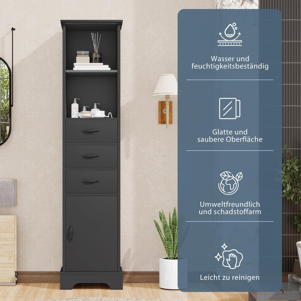38 x 26 x 172.5 cm Tall Bathroom Cabinet, Painted for Moisture Resistance, Three Drawers + Open Shelves + Cabinet Doors, Adjustable Shelves, Black.
