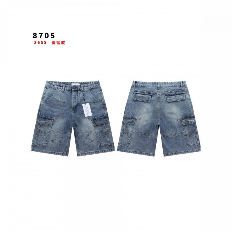 Mens Distressed Denim Shorts With Star Rhinestone Embellishment Utility Pocket Design Slim Fit Cotton Short Pants Streetwear