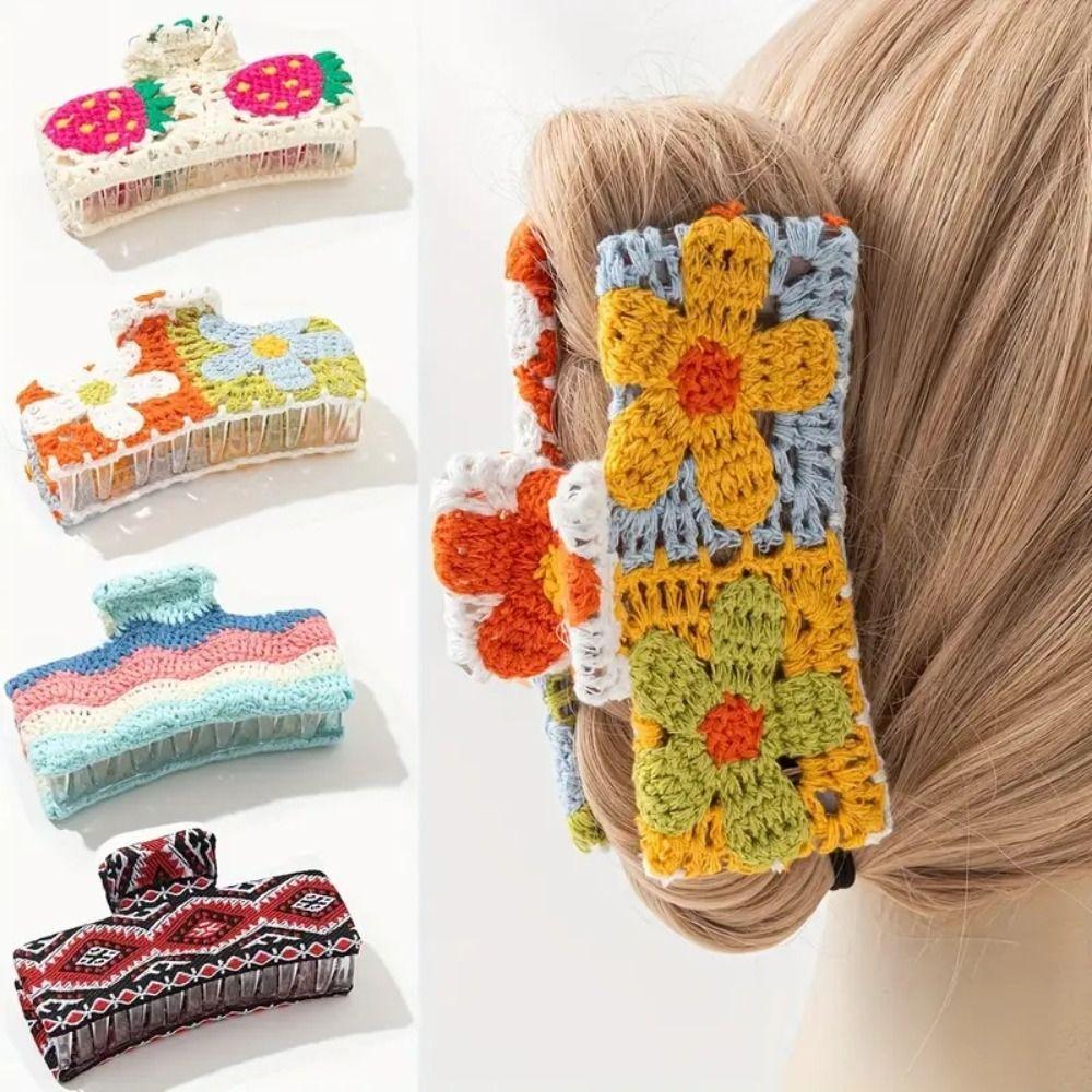 Flower Embroidered Crochet Shark Clip Strawberry Bohemian Style Hair Claw Beach