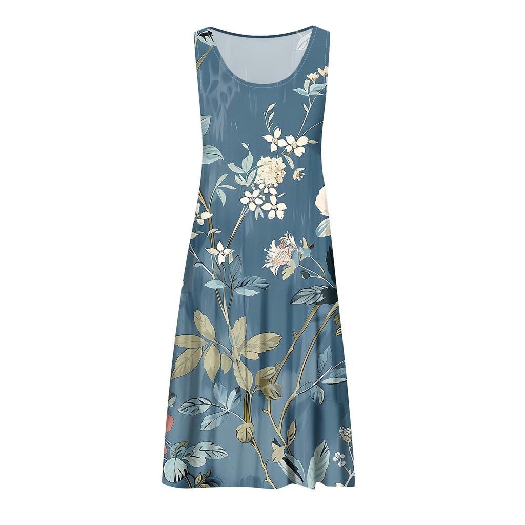 Hawaiian Dress For Women Summer Spring Pleated Bohemian Dresses Cute Sleeveless Flowing Beach Straight Tank Dresses Round Neck Dresses