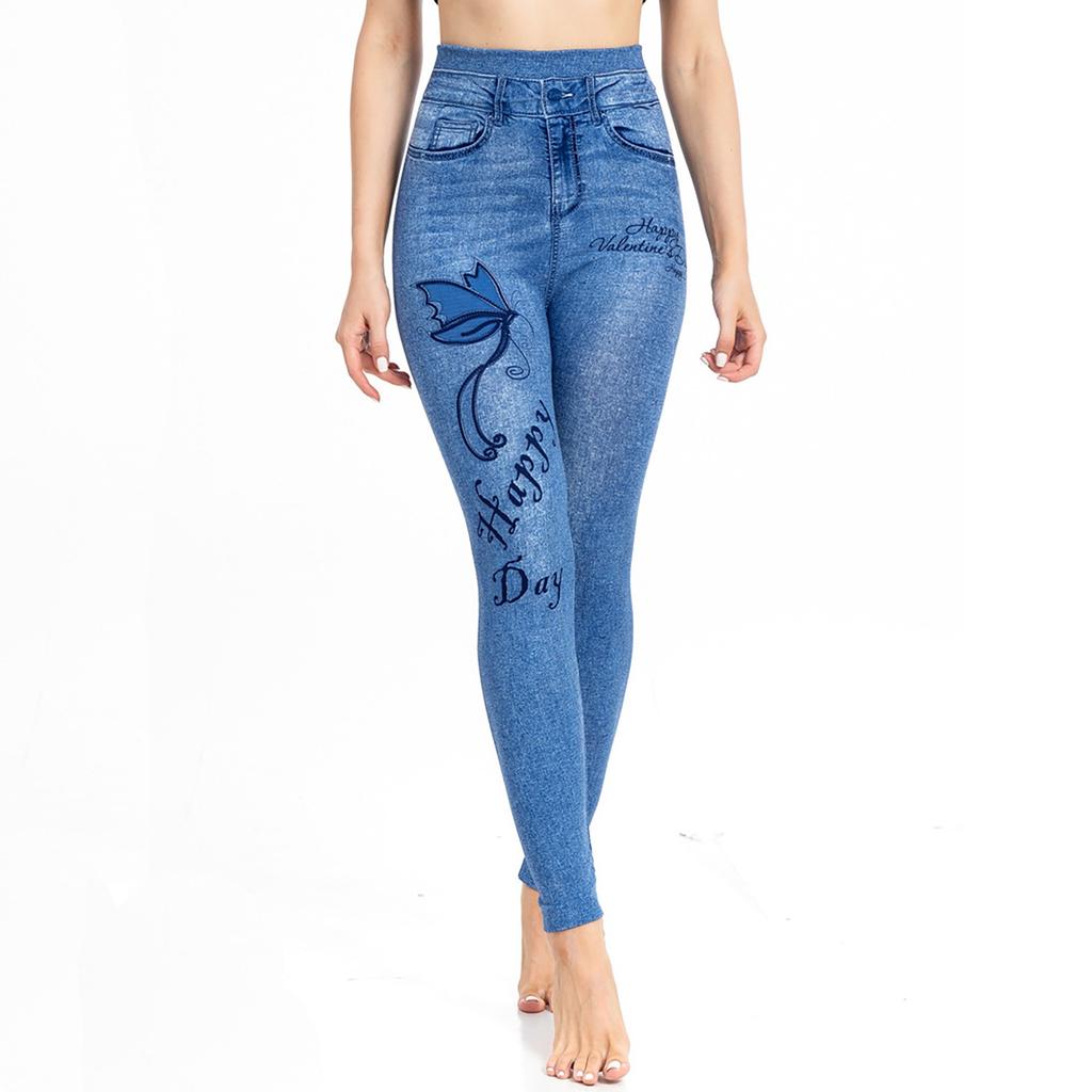 Женские облегающие повседневные спортивные штаны для йоги с эластичной резинкой на талии из имитации джинсовой ткани