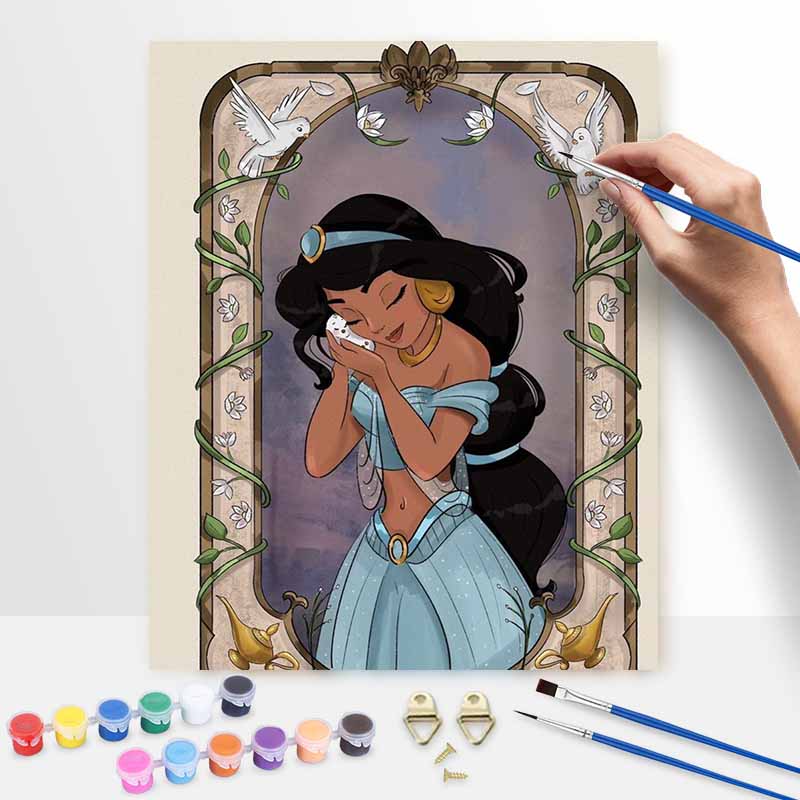 Disney Princess Jasmine Oil Art Painting Kit Home Wall Decor Handmade Gift Elegant Floral Frame Aesthetic Artwork Relaxing DIY Craft Set