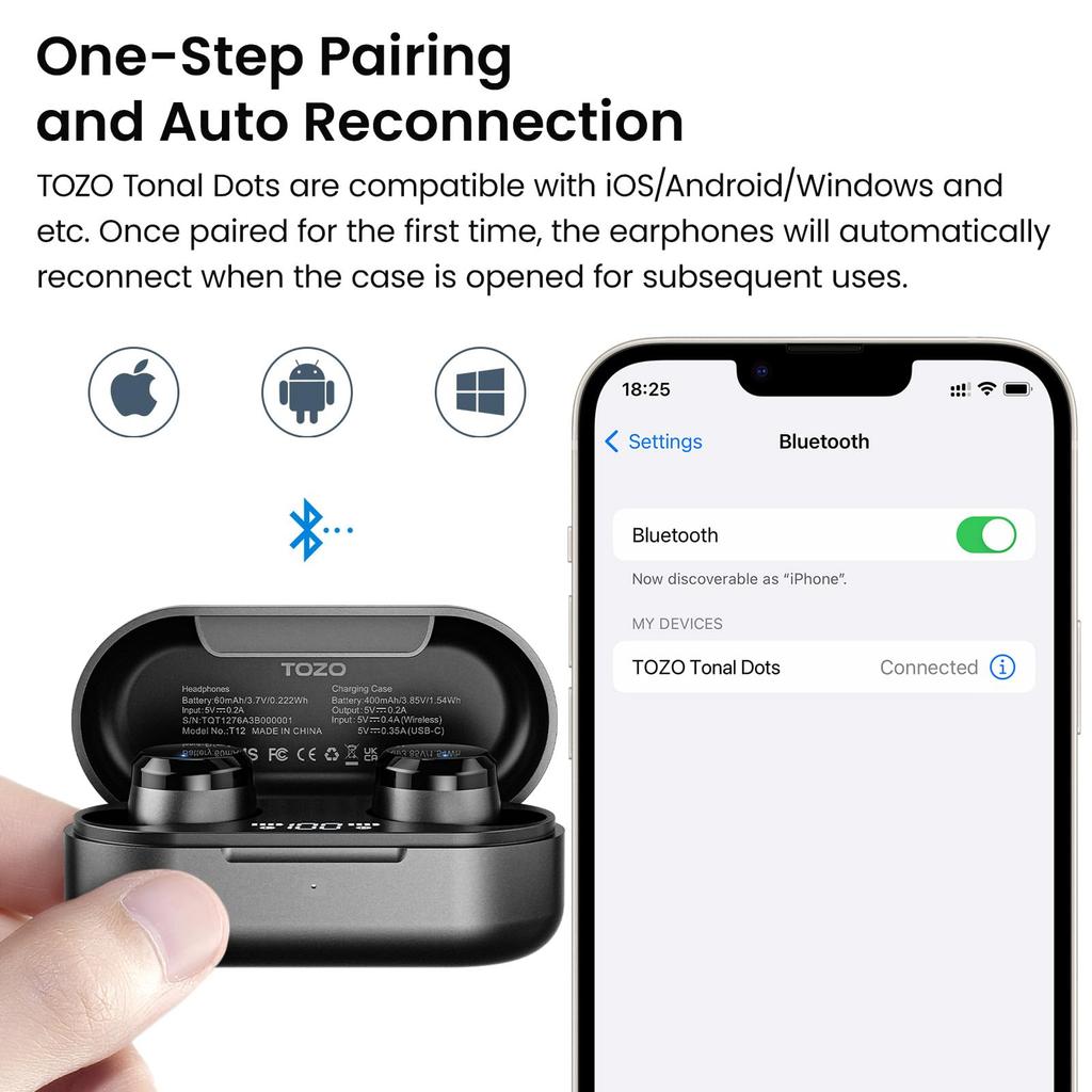 TOZO Tonal Dots (Т12) Беспроводные наушники [Новинка 2023] Bluetooth 5.3, ENC Шумоподавление, Специальное приложение, Светодиодный дисплей уровня заряда, 55 часов музыки