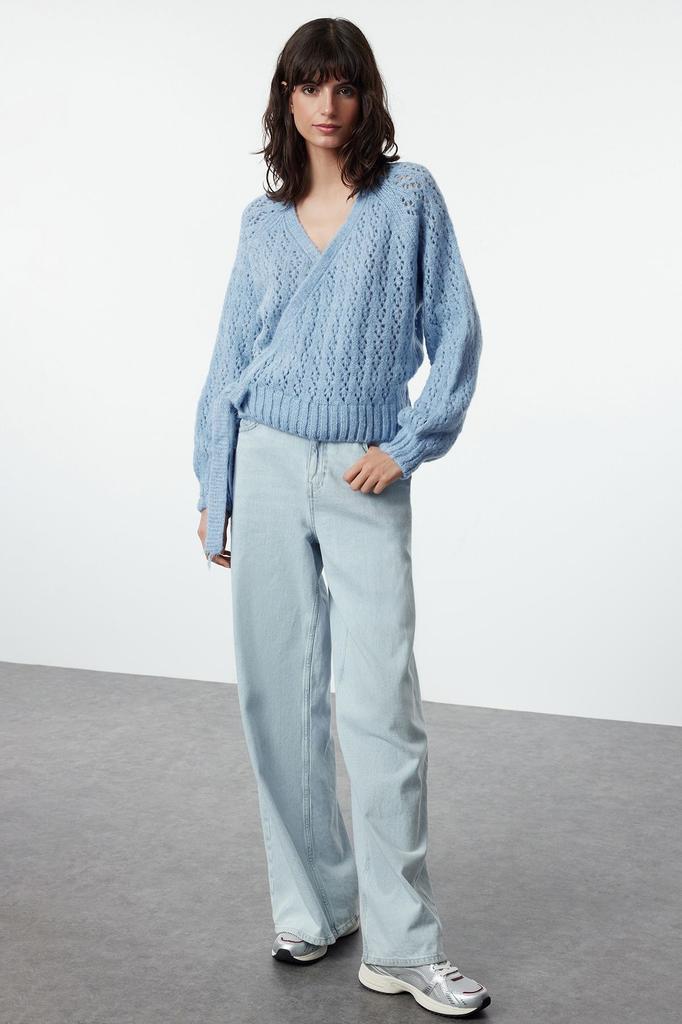 Women's Fashionable Stylish Sweater Blue Soft Textured Openwork Hole Lacing Detailed Knitwear Sweater