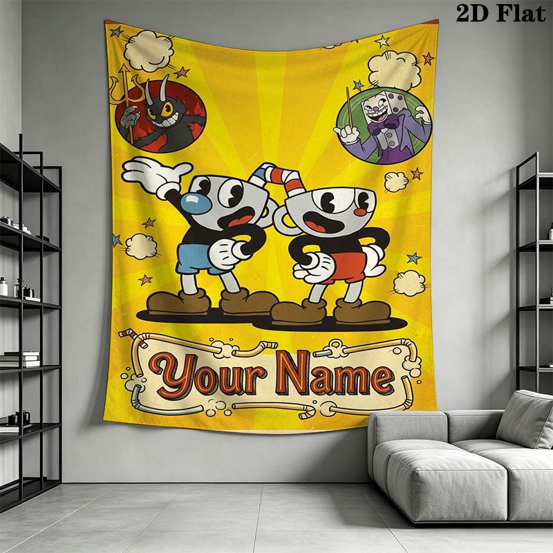 Name Custom Cuphead Game Wall Tapestry Aesthetic Wall Hanging Printed Fabric Blanket Decorative Tapestries for Bedroom Living Room Home Decor