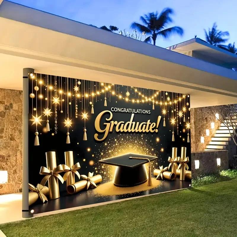 2025 Happy Graduation Backdrop Glitter Balloon Bachelor Cap Grad Class of Graduates Party Photography Background Decor Supplies