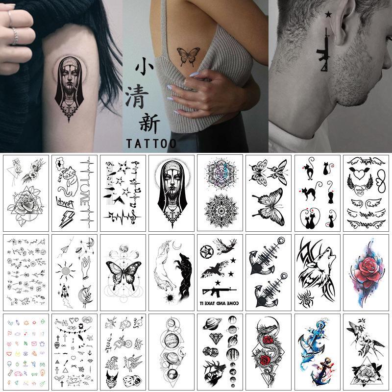 English Letter & Flower Butterfly Tattoo Stickers - Waterproof & Sketch Line Design