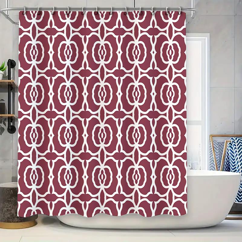 Red and white geometric shower curtain decor with patterned design for bathroom home kitchen accessories set includes hooks (24x