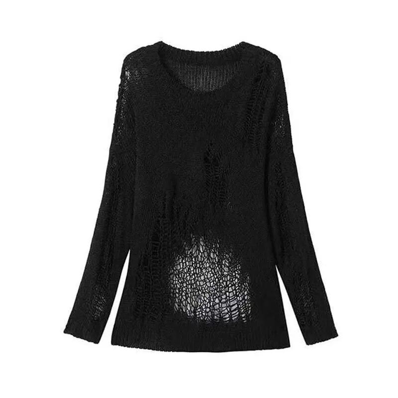 Черный полый вязаный свитер с неровными отверстиями, женский тонкий пуловер с круглым вырезом, сладкий джемпер с длинными рукавами, новая модная осенняя уличная одежда