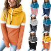 Fashion Womens Loose Casual Hooded Drawstring Stitching Collision Color Long Sleeve Sweater