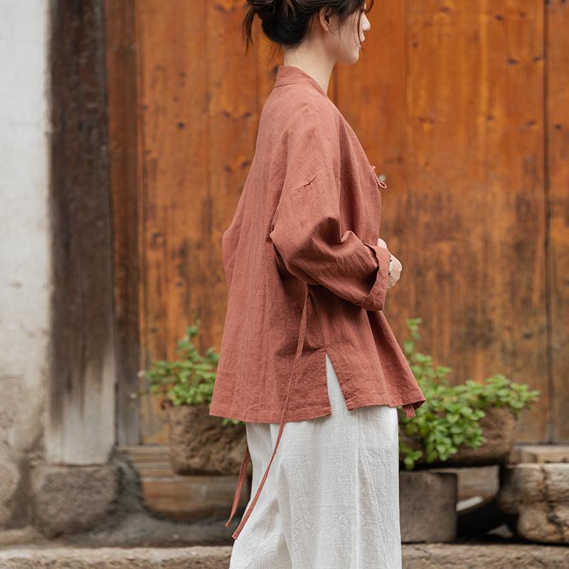 Топ в стиле дзен-ханфу из ткани рами с промытым песком – женская весенняя версия, перекрестный воротник, новый дизайн в стиле китайского чайного искусства