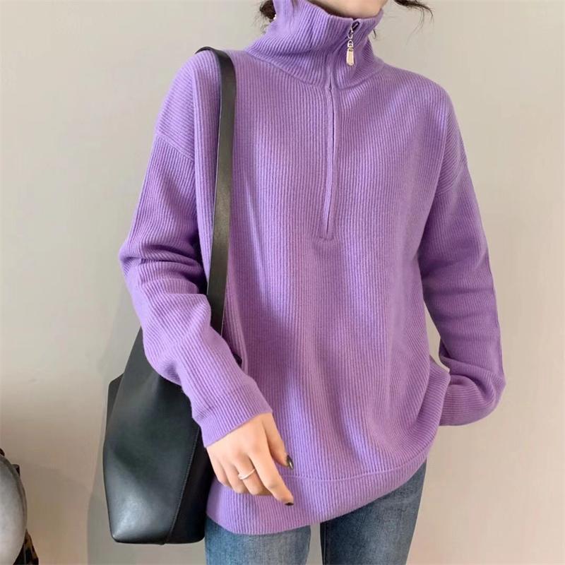 Hirsionsan Zipper Turn-down Collar Autumn Sweaters Women Cashmere Soft Loose Solid Female Knited Pullovers 2021new Thick Jumper