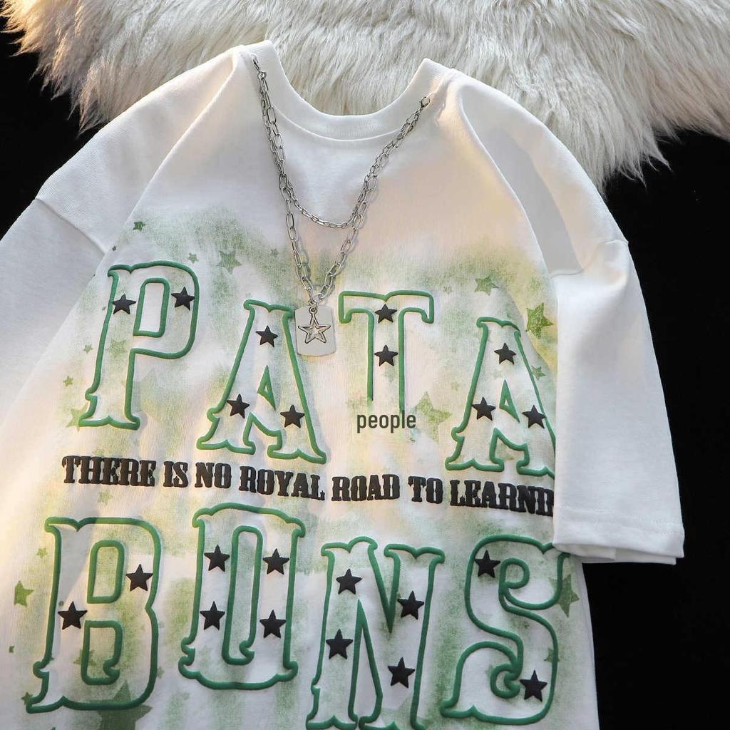 Унисекс Футболка с графическим принтом в виде звезды и буквы - Модная, из чистого хлопка, свободного кроя, с коротким рукавом, в уличном летнем стиле