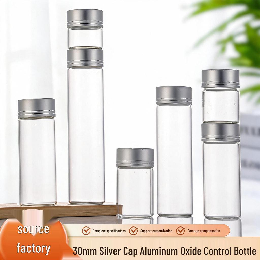 High-Transparency Glass Control Bottle with Silver Cut-Line Aluminum Cap, Portable 30mm Sealed Agarwood Display Bottle.