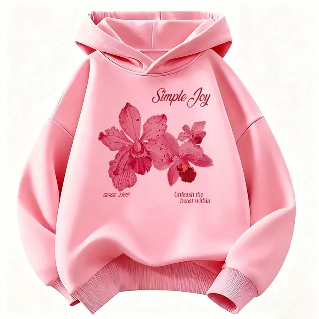 Children's Round Neck Hooded Sweatshirt Loose Comfortable Casual Stylish Outdoor Sports Flower Pattern Printed Long Sleeved