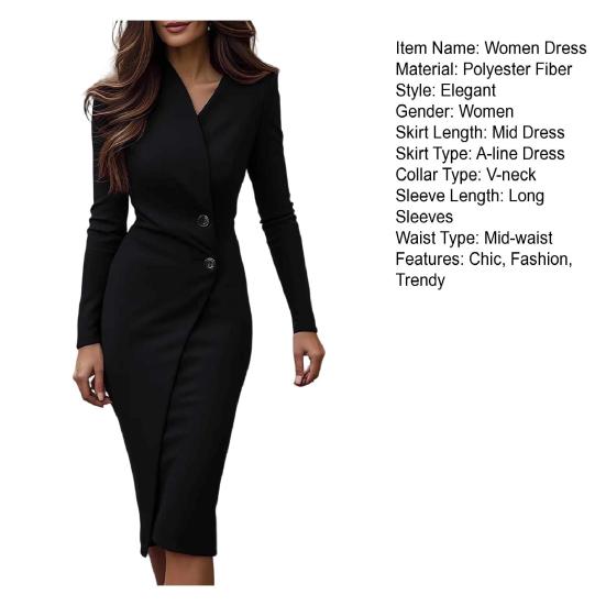 Женское платье-футляр с длинным рукавом, облегающее фигуру, с V-образным вырезом, деловое, для коктейльной вечеринки, рабочее, длиной до колена, миди, платье-запа́х