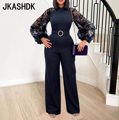 С поясом Женская мода Повседневное сплошной цвет с принтом Большие размеры Весна Осень Длинные рукава с воротником-стойкой и высокой талией Брюки Комбинезоны и комбинезоны