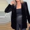 Velvet Diamond Decorated Black Blazer Woman Loose V-neck Suit Coat Fashion Casual Full Sleeve Solid Jacket Commute Spring Autumn