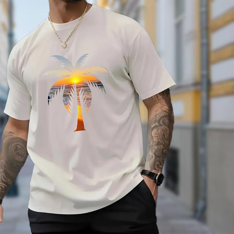 New Summer Men's Fashion T-shirt Personality Sunset Coconut Tree Printed Men's T-shirt Top
