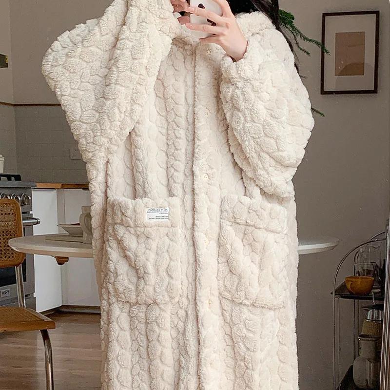 Халат с карманами для женщин, одежда для сна, зимняя ночная рубашка, ночная рубашка, теплая флисовая пижама, цельная ночная рубашка с капюшоном, домашняя одежда для сна