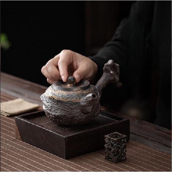 Ancient Early Burnt Lake Stone Side Handle Teapot Gilt Rust Glaze Teapot Single Pot Handmade Old Rock Clay Side Handle Teapot Coarse Pottery