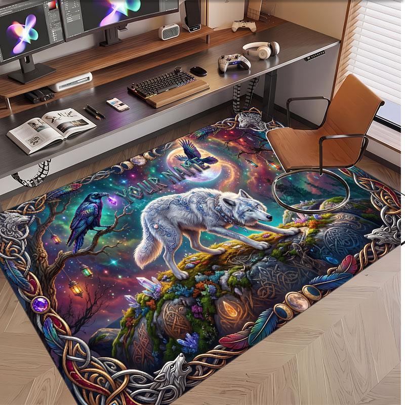 Wolf Theme Soft Crystal Velvet Rug Custom Name & Text Print Non Slip Floor Rug for Bedroom Living Room