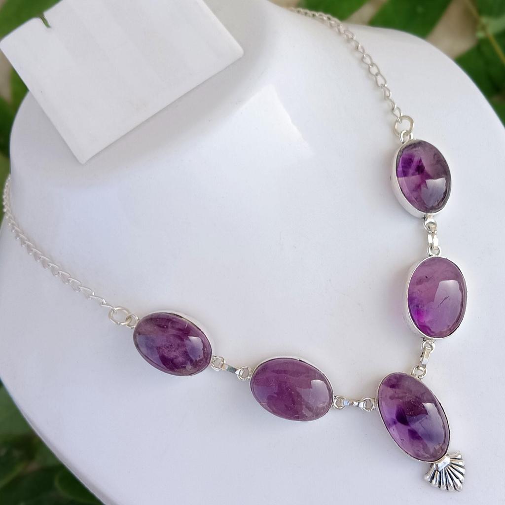 Натуральный аметист Драгоценный камень Стерлингового серебра 925 пробы с покрытием из серебра 1 предмет Унисекс Овальное дизайнерское ожерелье Ювелирные изделия