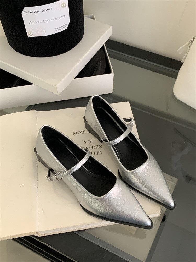 French pointed single shoes women's thick heel with Mary Jane women's shoes 2025 spring new flat-bottomed shallow mouth small leather shoes