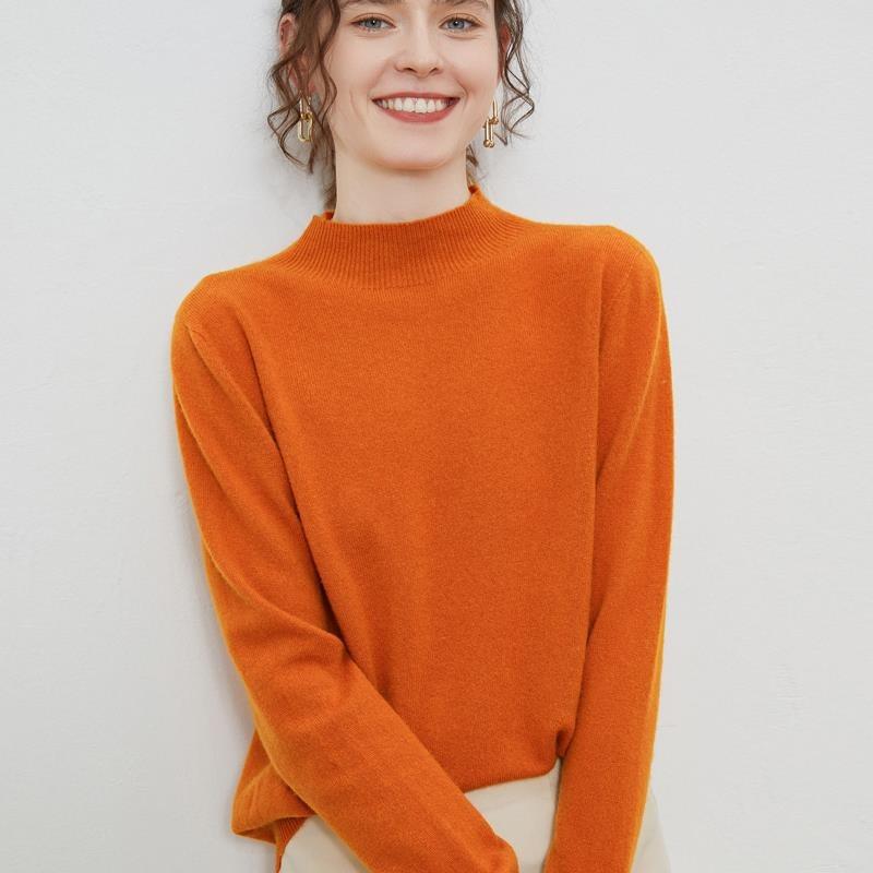 Осенне-зимний женский свитер с высоким воротником, свитер из 100% чистой шерсти, свободный тонкий свитер, однотонная нижняя рубашка с длинными рукавами
