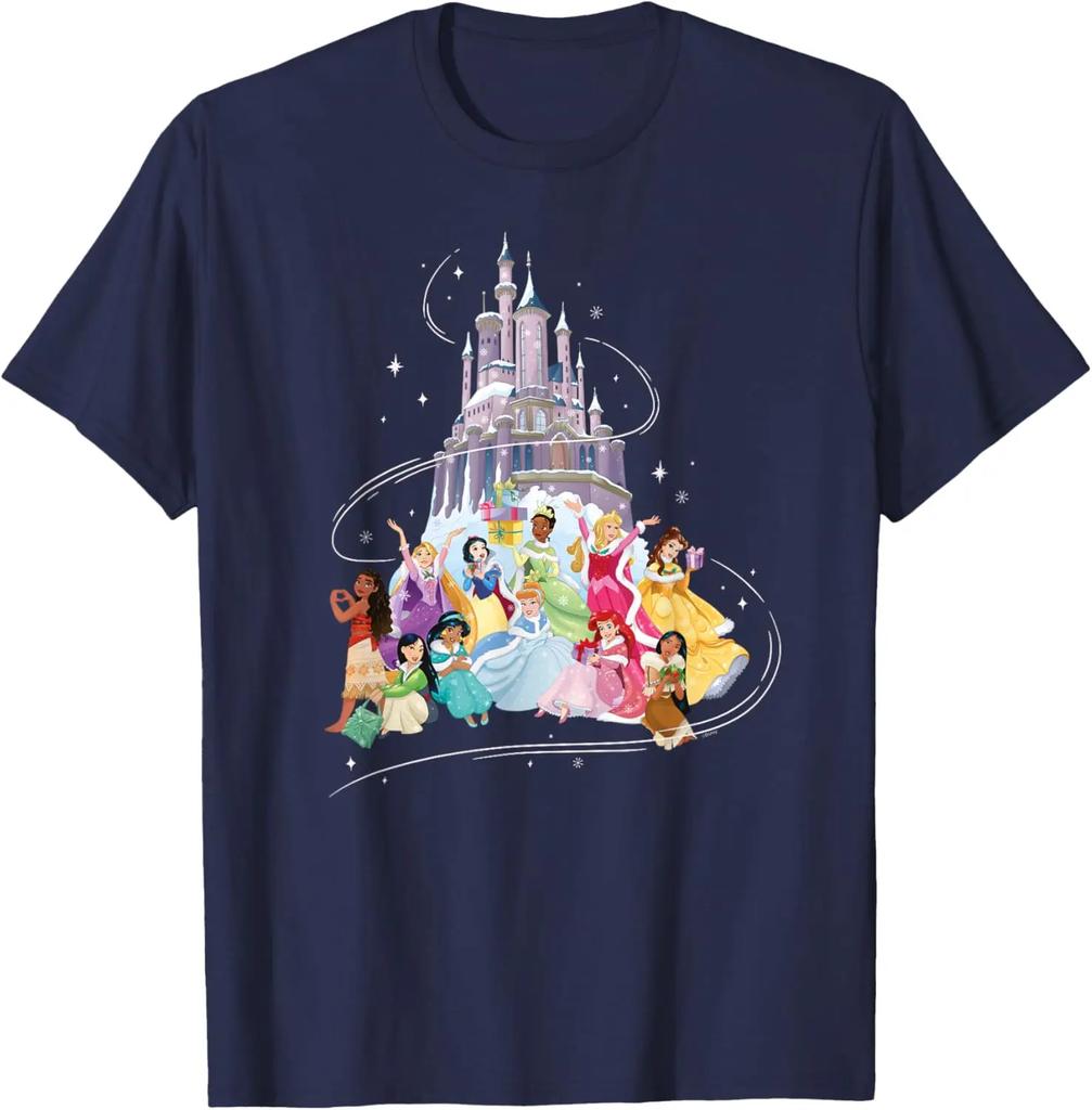 Модная повседневная футболка Disney Princess Sparkle Squad Рождественский праздничный замок S-4XL Четыре сезона
