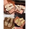 Sheepskin Version~ Pleated Design Sense One Word with Square Head Thick Heel Leather Cool Slippers Female Summer