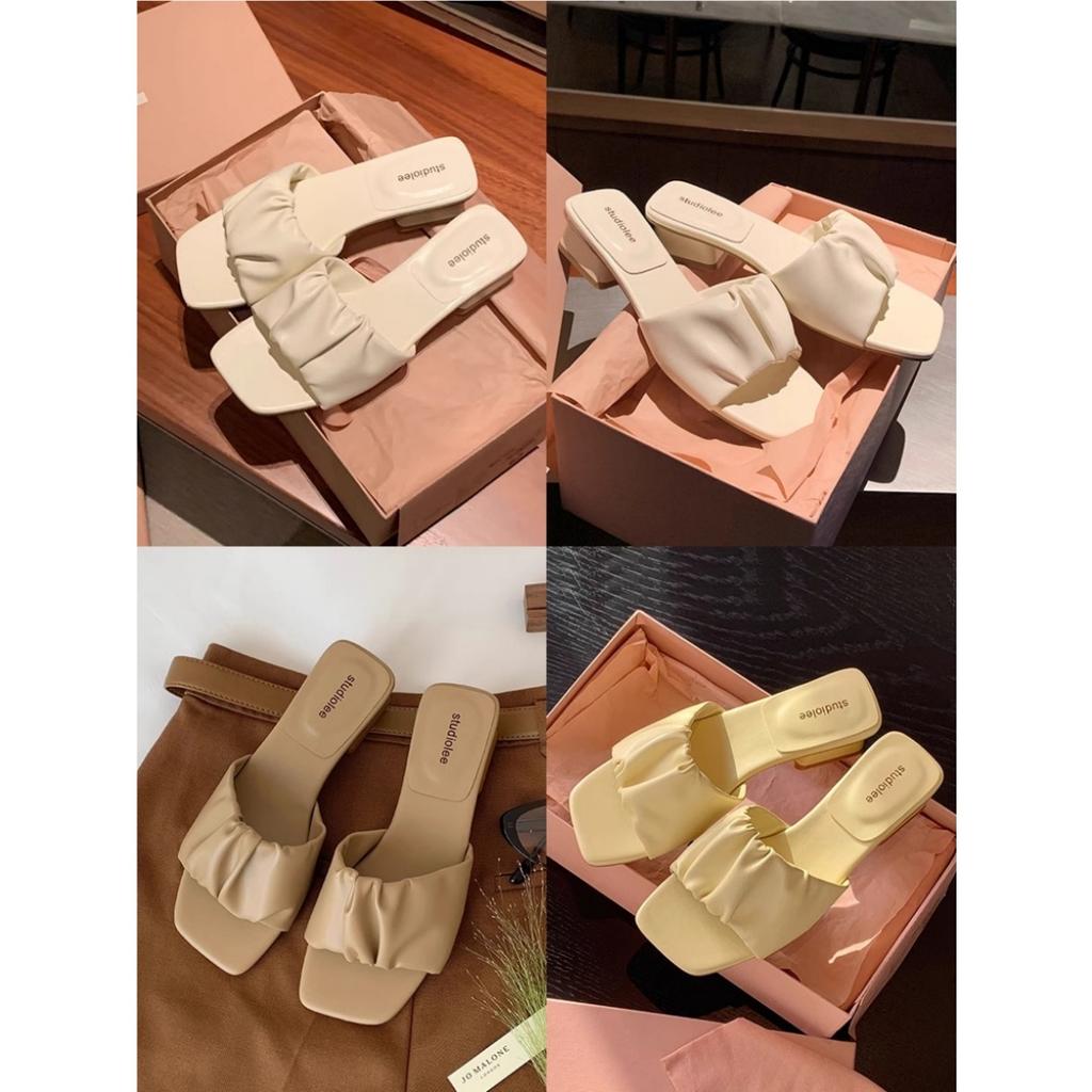 Sheepskin Version~ Pleated Design Sense One Word with Square Head Thick Heel Leather Cool Slippers Female Summer